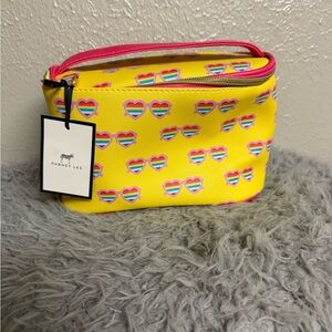 Dabney Lee Yellow Cosmetic Bag with Rainbow Heart Print and Pink Trim